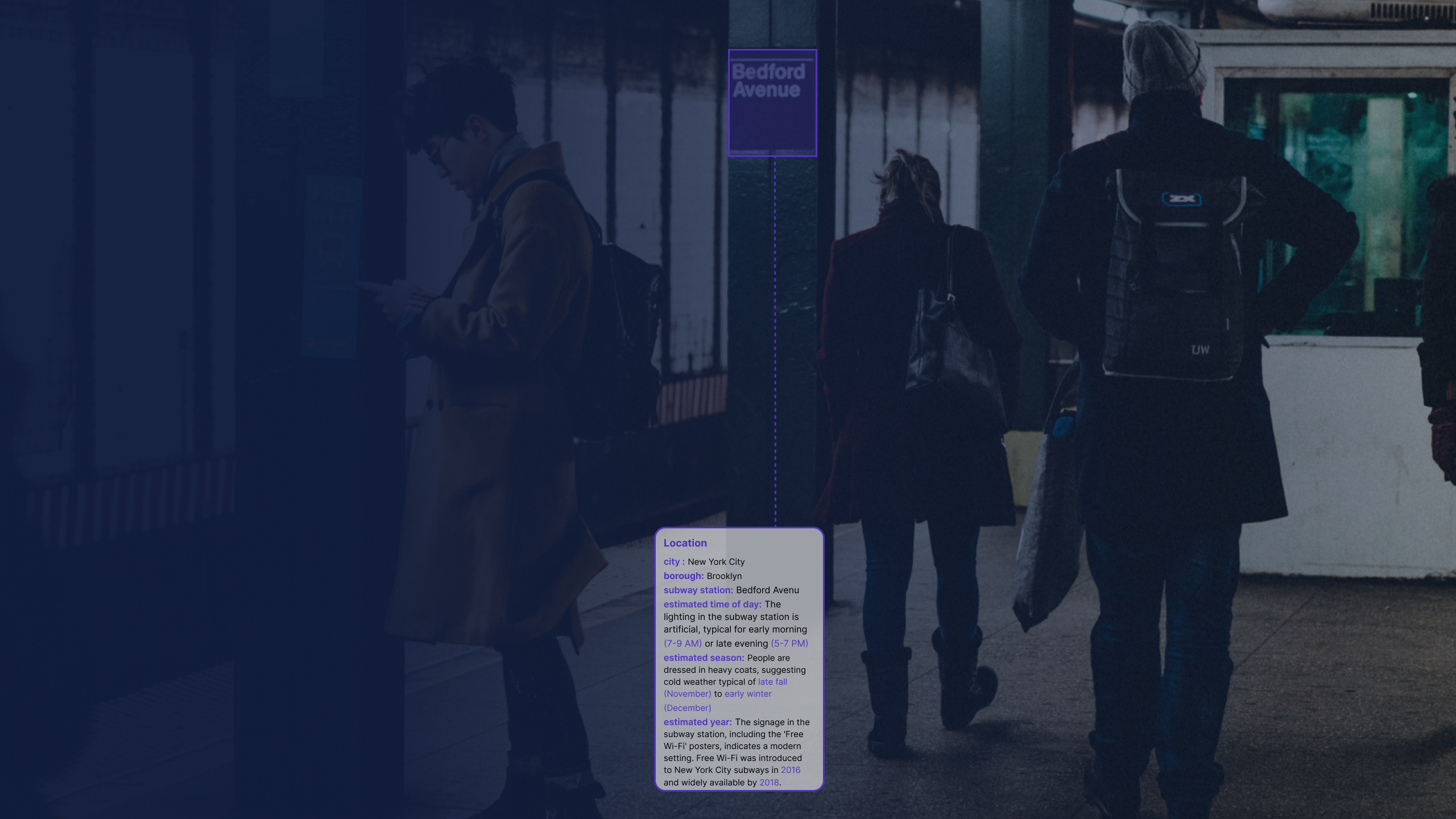 AI-driven location recognition: annotated subway station scene with details about the environment and identified location, including station name and context
